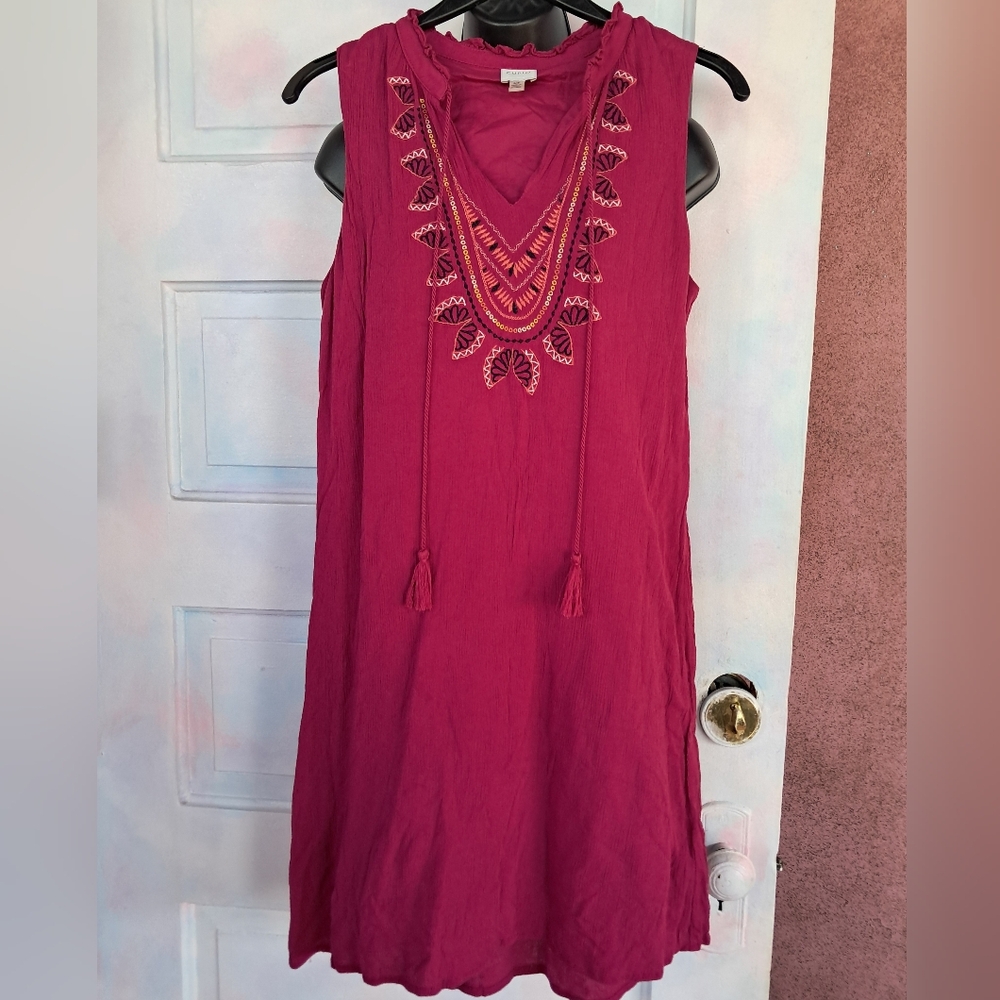 Cupio Rich Pink Sleeveless Dress W/ Cute Tassles & Embroidery! Dbl Layered Nwot